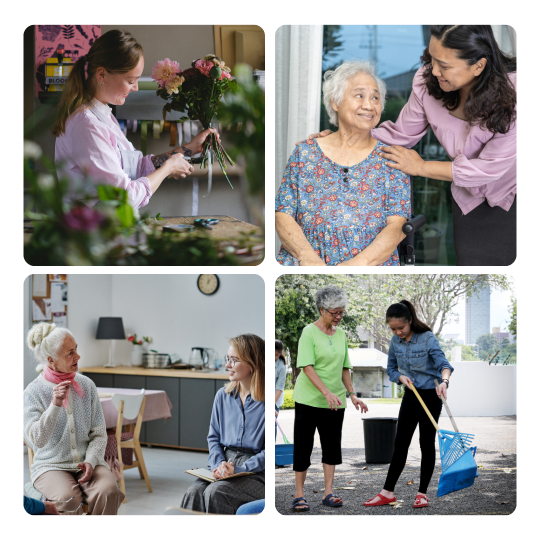 A collage of four images showcasing acts of kindness and care. The top-left image shows a woman arranging a bouquet of flowers. The top-right image features a caregiver placing a comforting hand on the shoulder of an elderly woman sitting in a wheelchair. The bottom-left image depicts an engaging conversation between two women, one elderly and one younger, seated in a cozy room. The bottom-right image shows two women, one older and one younger, working together outdoors to sweep and clean up a park area.