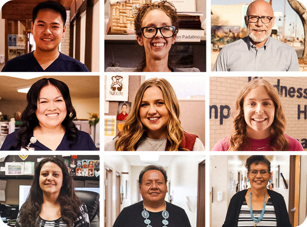 The Faces of Basin Health Companies Collage of diverse staff members from Basin Health Companies, featuring nine individuals smiling warmly in various office and community settings. The individuals are shown in different attire, including scrubs and business casual wear, representing a range of roles within the organization. Some are wearing turquoise jewelry, symbolizing local culture.