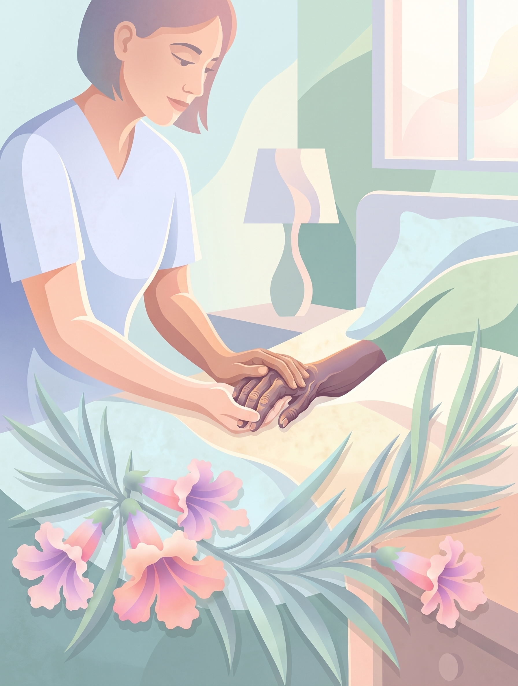 A warm, soft-toned illustration depicts a healthcare worker, likely a nurse, gently holding the hands of a patient resting in a hospital bed. The nurse, shown from the chest up, wears light blue scrubs and has a compassionate expression as she looks down at the patient's hands. Only the patient's hands, resting on the white bedsheet, are visible, suggesting they are lying in the bed. In the foreground, a decorative flourish of light green fronds and delicate, trumpet-shaped flowers in shades of pink and lavender frames the scene, adding a sense of peace and comfort to the image. A lamp on a bedside table is visible in the background, set within a calm, softly lit room.