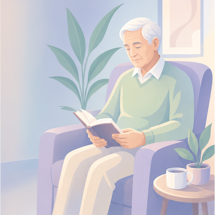 A peaceful, soft-toned illustration features an elderly man with white hair, comfortably seated in a purple armchair, engrossed in reading a book. He is dressed in a light green sweater over a collared shirt and light-colored trousers. To his side, a small wooden round table holds a white mug and a small potted plant. A larger potted plant with tall, pointed leaves stands behind the chair, adding to the serene, quiet atmosphere of the room.